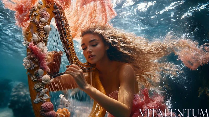 Ocean's Melody - Woman with Harp AI Image
