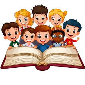 Happy Children with Open Book Graphic