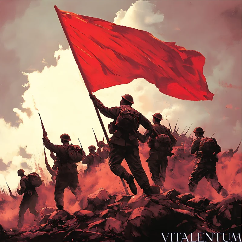 Soldiers Advancing Under Red Flag AI Image