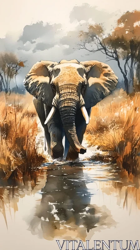 Elephant in Watercolor Savannah AI Image