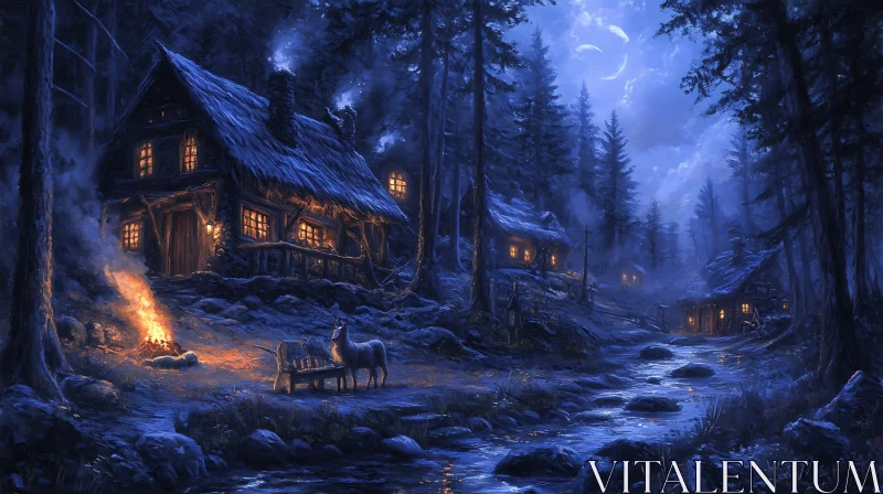 Night Forest Cabins with Deer AI Image