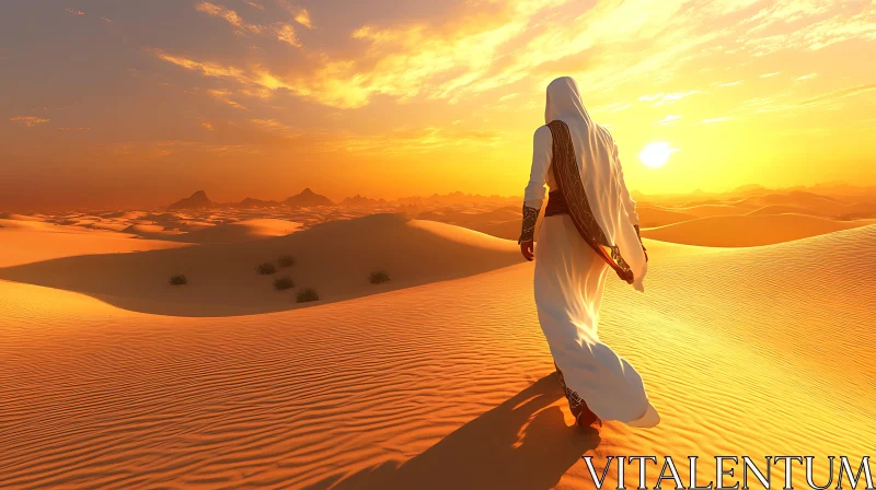 Lone Figure in Desert Landscape at Sunset AI Image