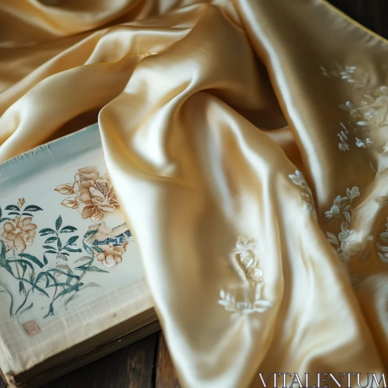 Vintage Book and Silk Fabric Composition AI Image