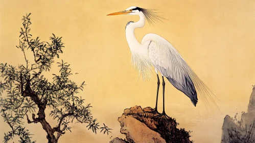 White Heron in Nature Japanese Painting