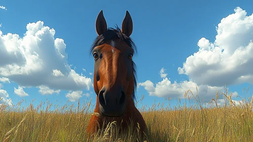 Horse Grazing Under Blue Sky