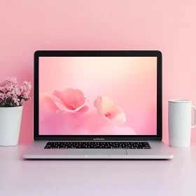 Minimalist Desk Setup with Pink Flower Wallpaper