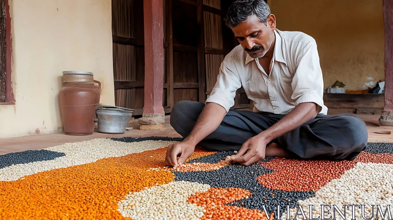 AI ART Man Sorting Colorful Grains with Precision