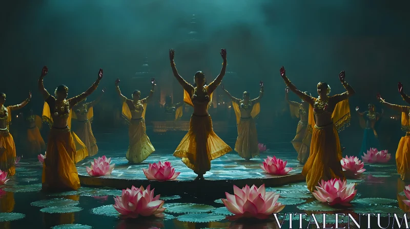 Graceful Dancers in a Lotus Garden AI Image