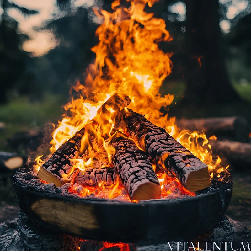 Majestic Campfire with Blazing Flames on Charred Logs AI Image