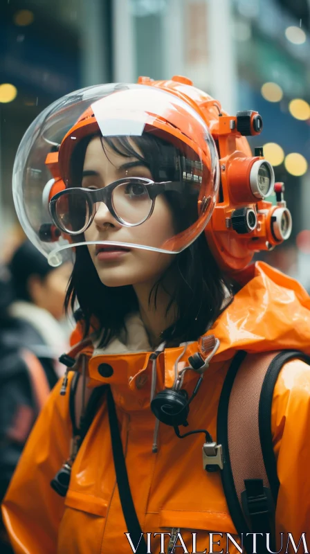 Futuristic Character in Orange Jacket and Helmet AI Image