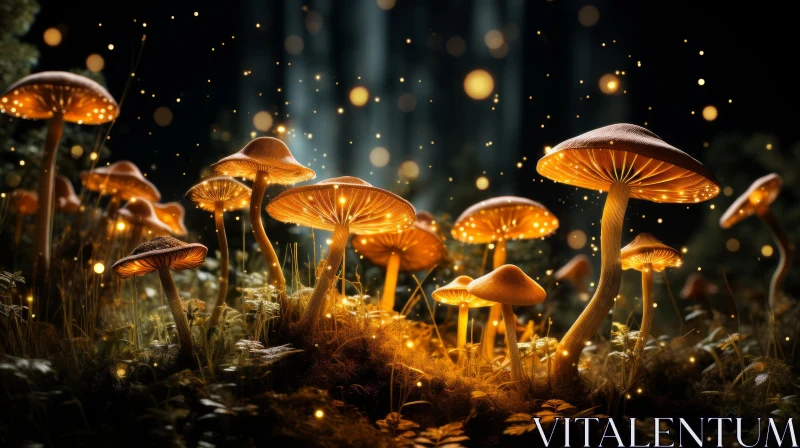 Mystical Forest Mushrooms Illuminated in Golden Hues AI Image