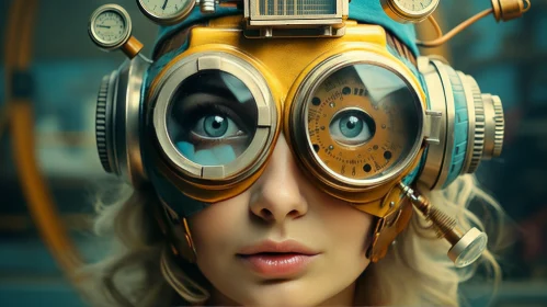 Steampunk Woman Portrait in Teal and Yellow Tones