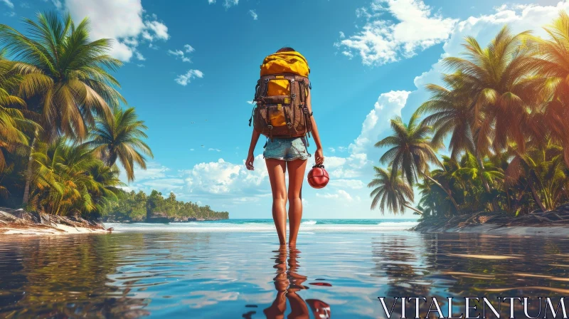 Woman Hiking Along Beach with Coconut Palms - Hyperrealism and Photorealism AI Image