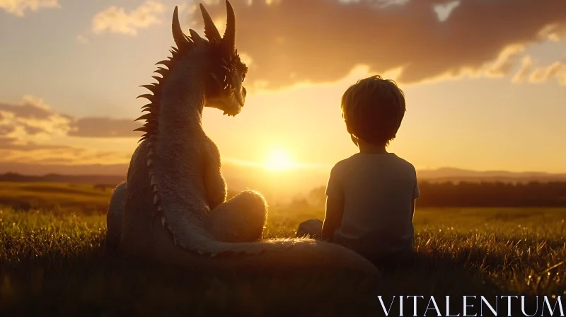 AI ART Sunset Companions: Boy and His Dragon