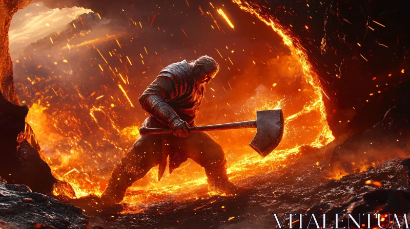 Fiery Warrior with Axe in Lava Field AI Image