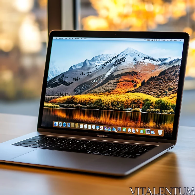 Laptop Displaying Beautiful Mountain Scene on Desk AI Image