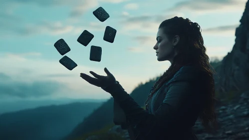 Enchantress with Runes on Mountain Top