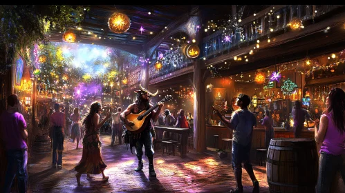 Festive Tavern Night with Dancing Patrons