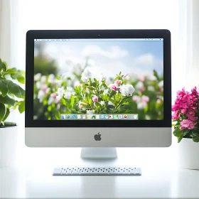 Workspace with Desktop and Flower Pots