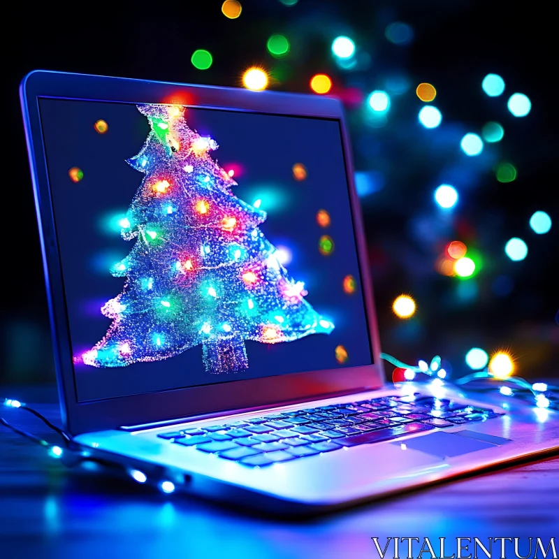 Laptop Display with Christmas Tree and Lights AI Image