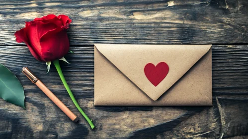 Red Rose with Love Letter on Wood