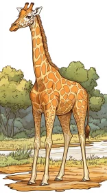 Illustrated Giraffe in Natural Habitat