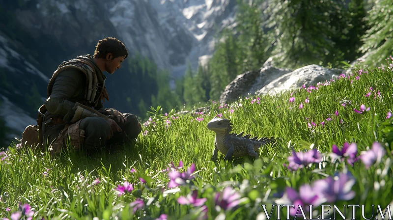 AI ART Man and Lizard in Mountain Meadow