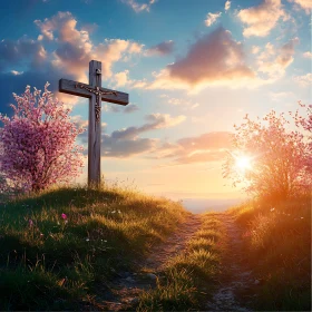 Cross on Hill with Blossoming Trees