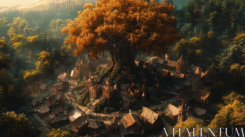 Village Under the Great Tree AI Image