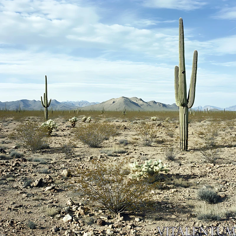 AI ART Desert Scene with Tall Cacti and Distant Hills