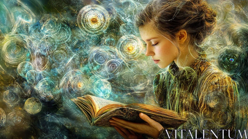 AI ART Woman Reading Book with Swirling Lights