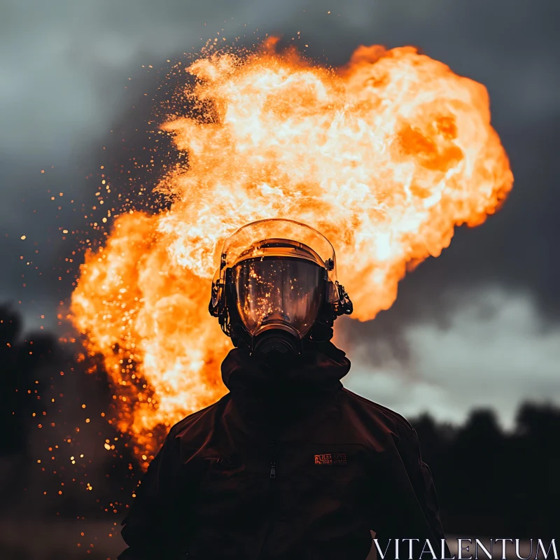 Explosive Scene with Helmeted Figure AI Image