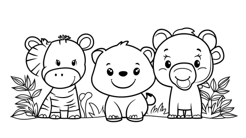 Cute Cartoon Animals in Black and White