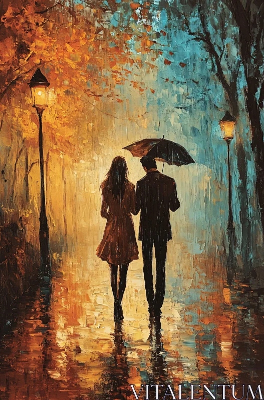 Couple Under Umbrella in Rain AI Image