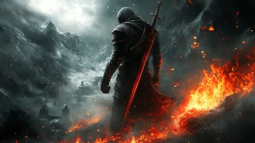 Hooded Warrior in Fiery Landscape