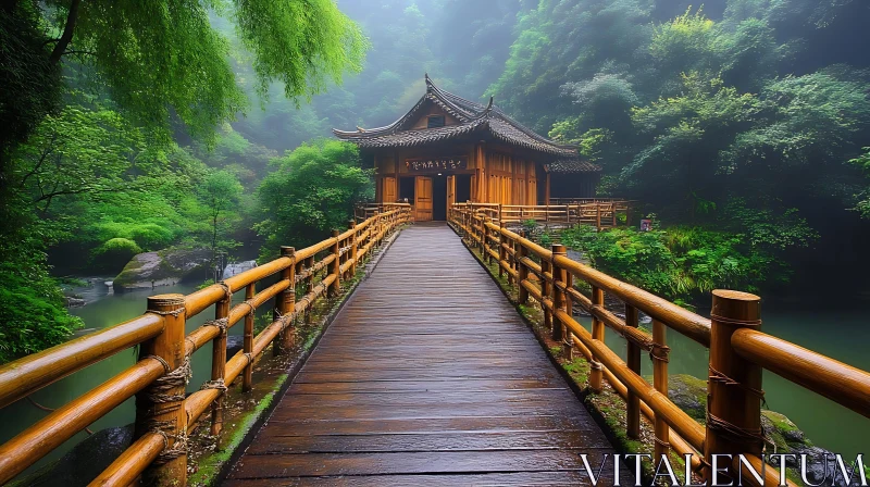 Wooden Bridge in Misty Green Forest AI Image