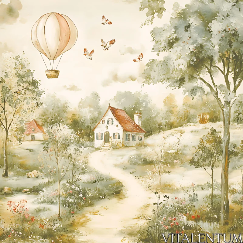 AI ART Peaceful Countryside Landscape Featuring a Cottage and Balloon