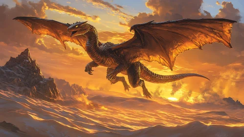 Sunset Dragon Soaring Above the Mountains