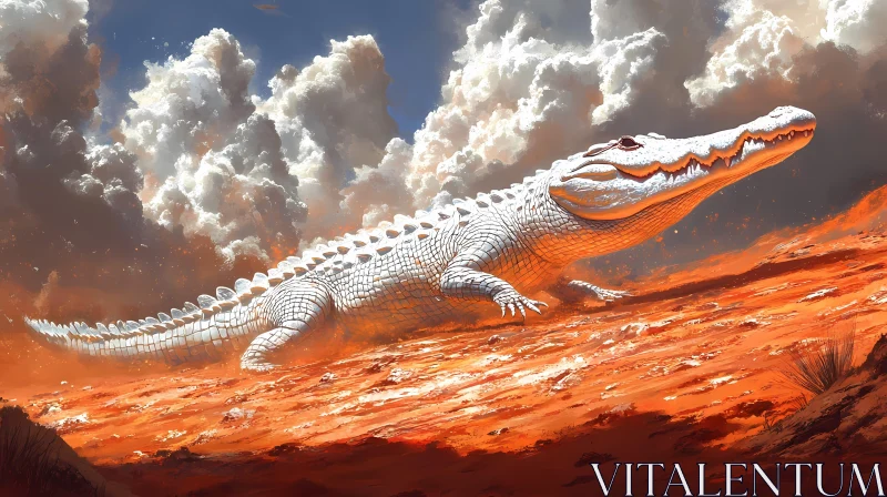 White Alligator in Lava Landscape AI Image