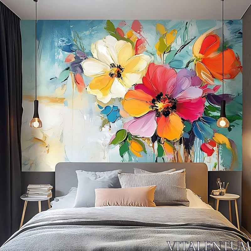 AI ART Vibrant Flower Wall Art in Contemporary Bedroom