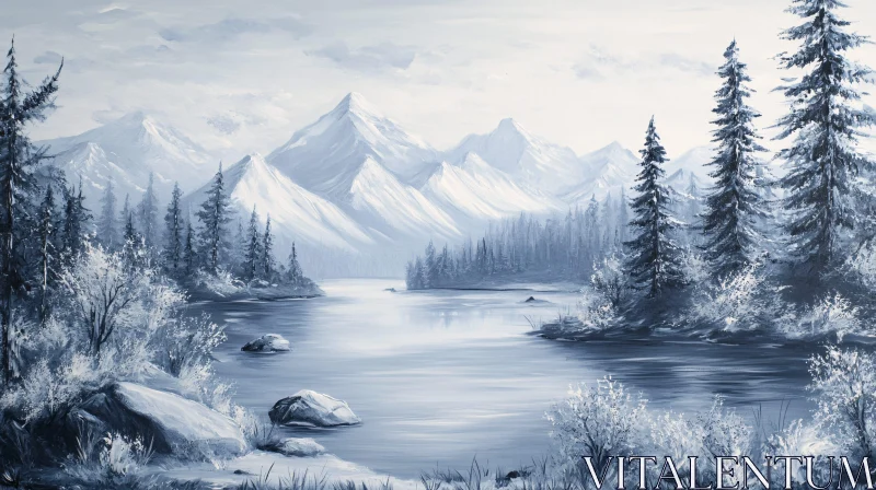 AI ART Tranquil Mountain Lake with Snow and Trees