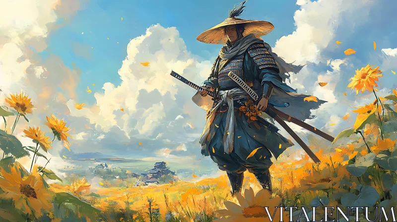 AI ART Warrior Amidst Golden Bloom Canvas