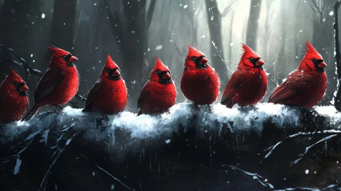 Row of Red Cardinals on Snowy Branch