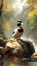 Peaceful Duck Among Autumn Leaves