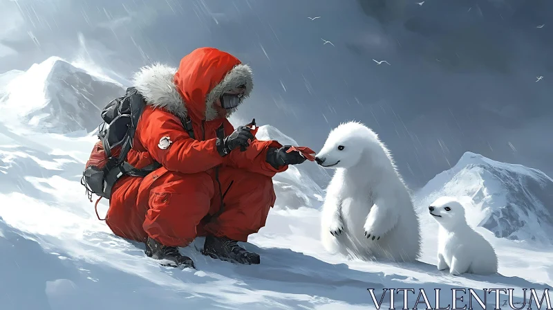 Arctic Encounter: Hiker and Polar Bears AI Image