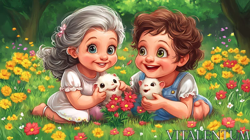 AI ART Joyful Children with Pets in Meadow