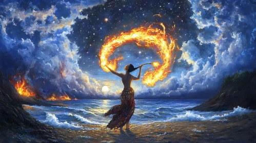 Woman Dancing with Fire on the Shore