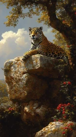 Regal Jaguar Resting on Rock