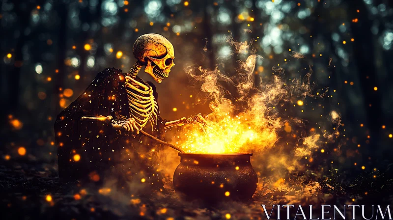 Mystical Cauldron Brewed by a Skeleton AI Image