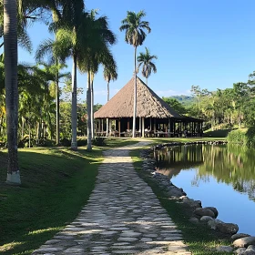 Charming Cottage with Thatched Roof and Reflective Lake